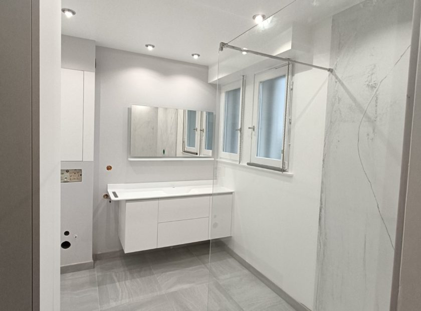 Ensemble de salle de bains résine Corian Krion Varicor ; douche et meuble vasque, armoire de rangement